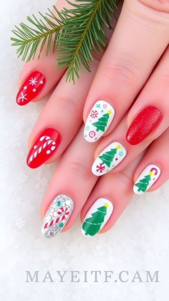 A collection of cute winter Christmas nail art designs with festive motifs and colors.